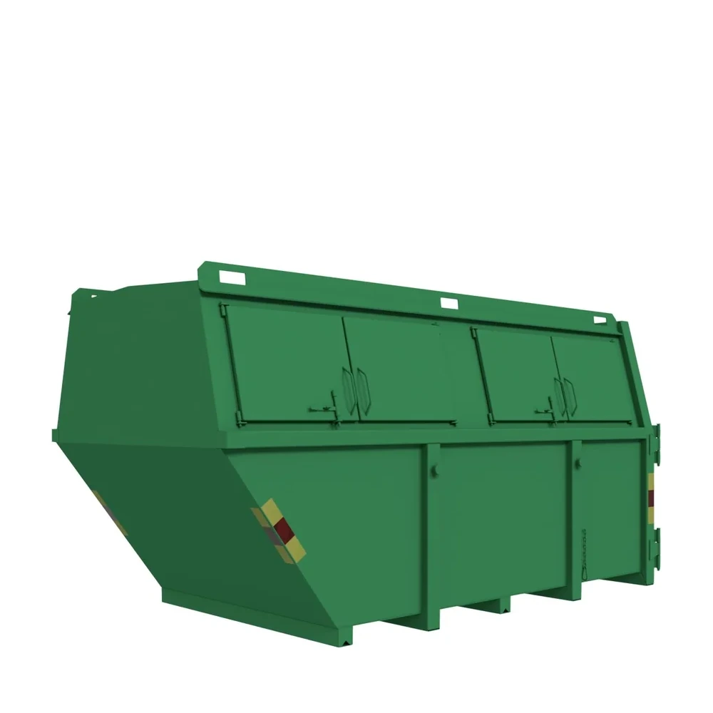 10m3 Täckt Liftdumpercontainer med dörrar bak, grön färg.