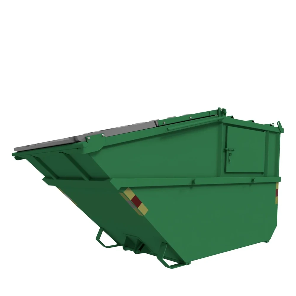 8m3 baktömmarcontainer med topphängd plastlucka i grön färg.
